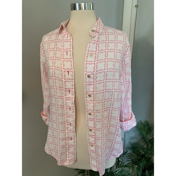 Women’s Linen pink & white clover leaf button up blouse PM M summer comfort Prep - Picture 4 of 12